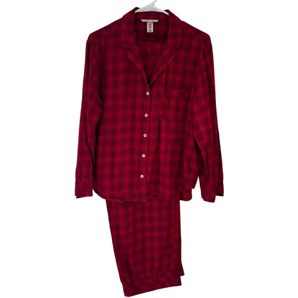 Victoria's Secret Red Christmas Plaid Button Down Pajamas 2 Piece Size Medium